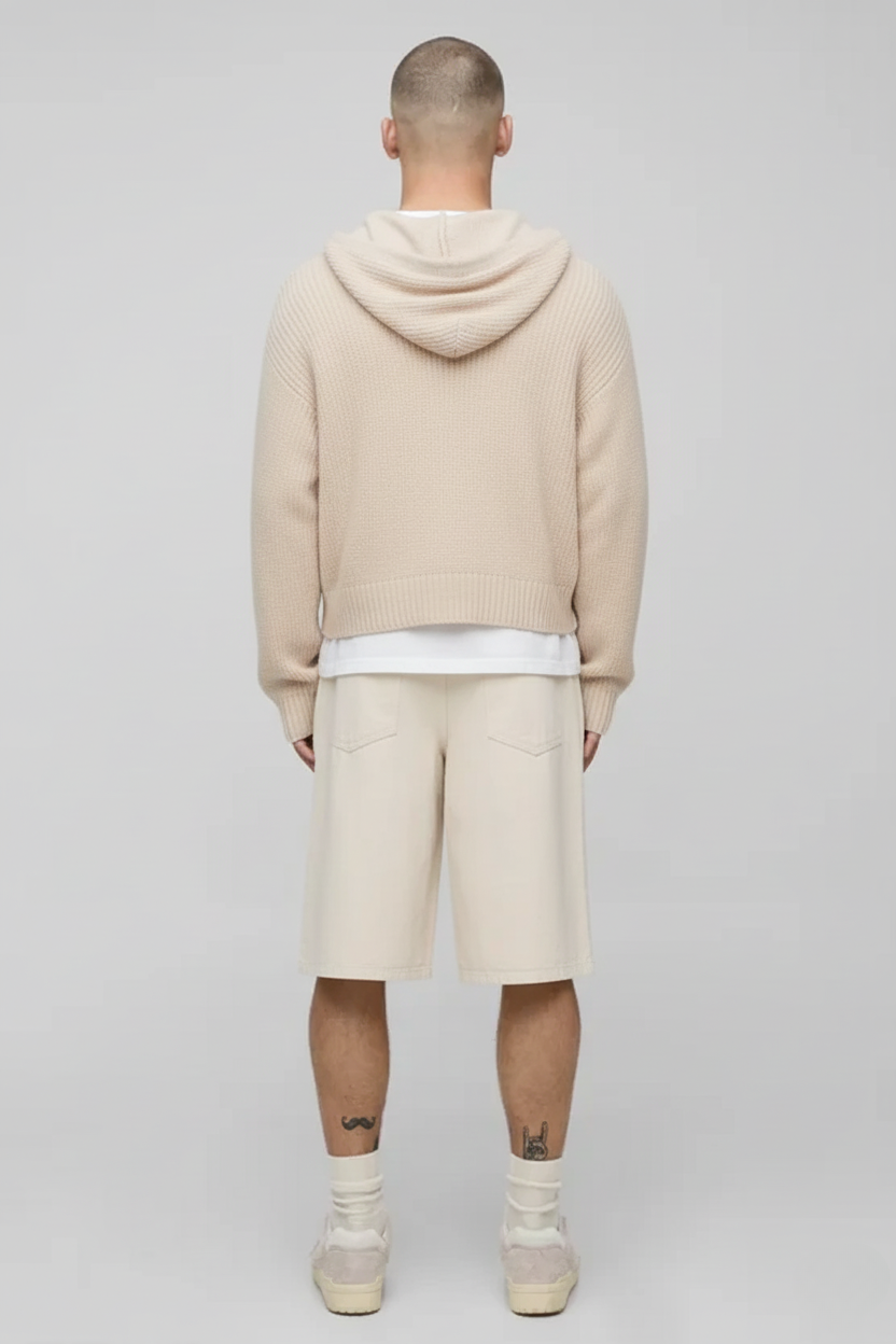 Premium Knitted Zip-Up Hoodie - In Biege
