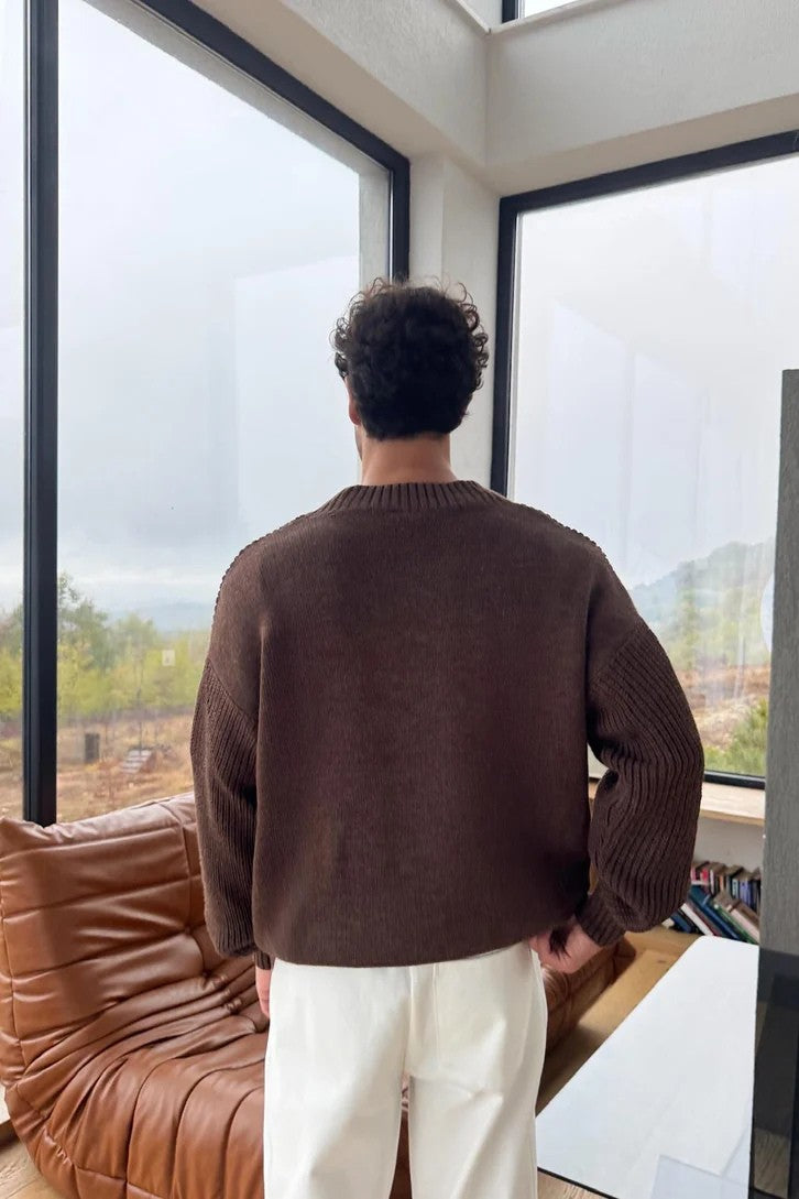 Brown Knitted V-Neck Sweater