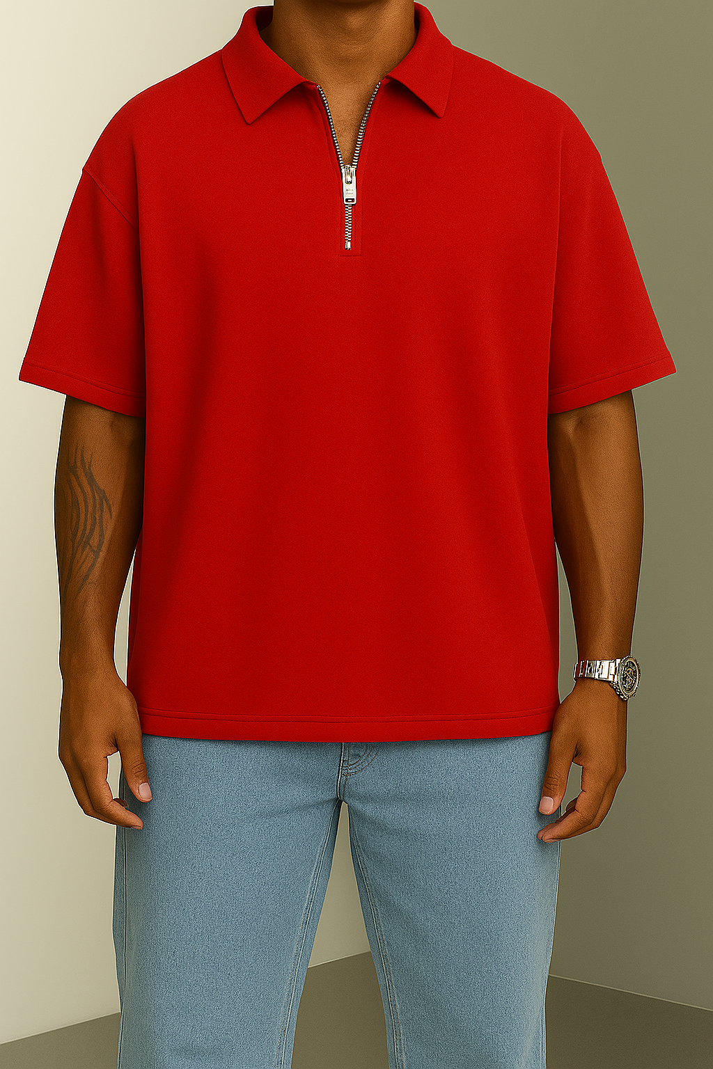 Red Oversized Half-ZiP T-shirt '' Basic ''