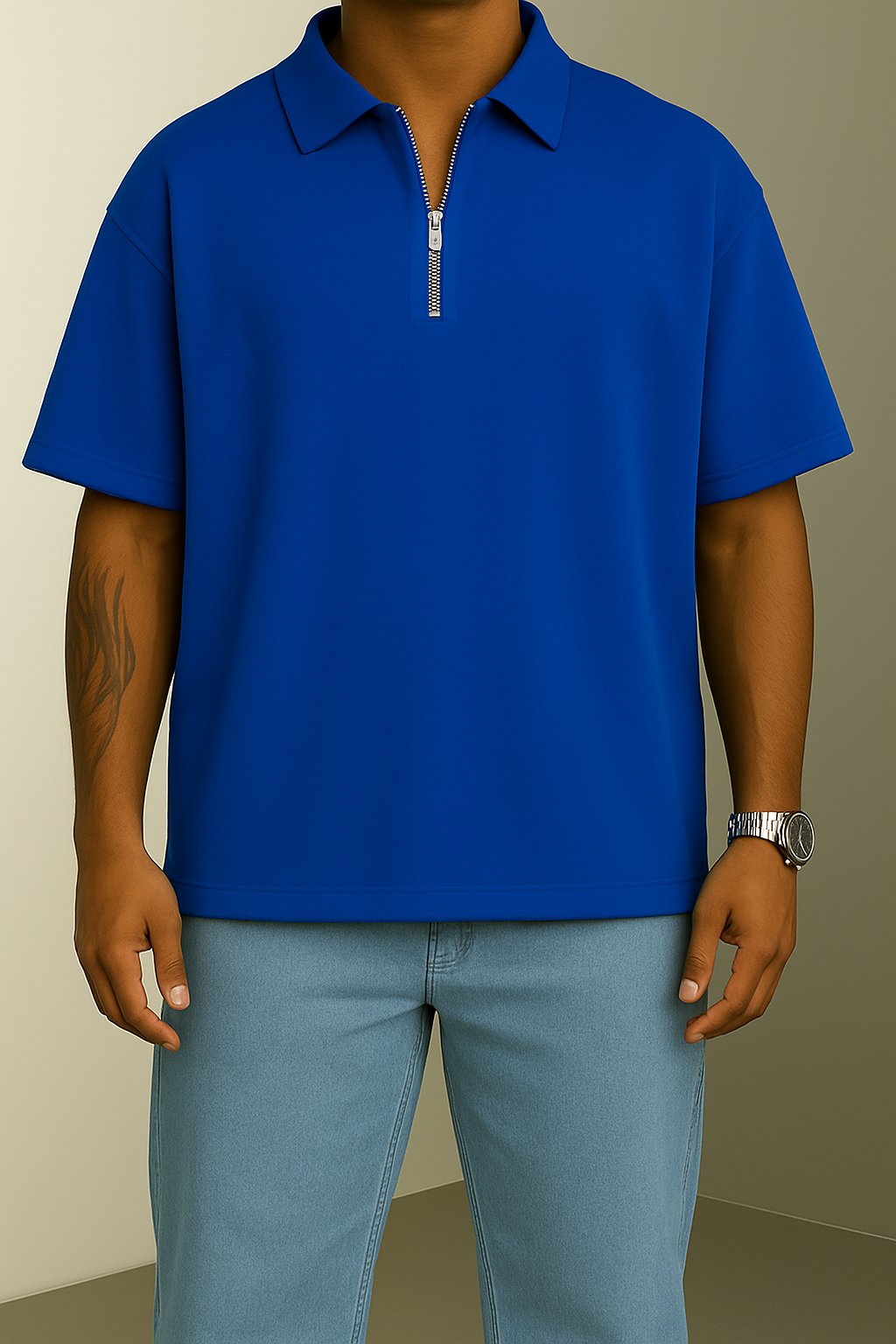 Blue Oversized Half-ZiP T-shirt '' Basic ''