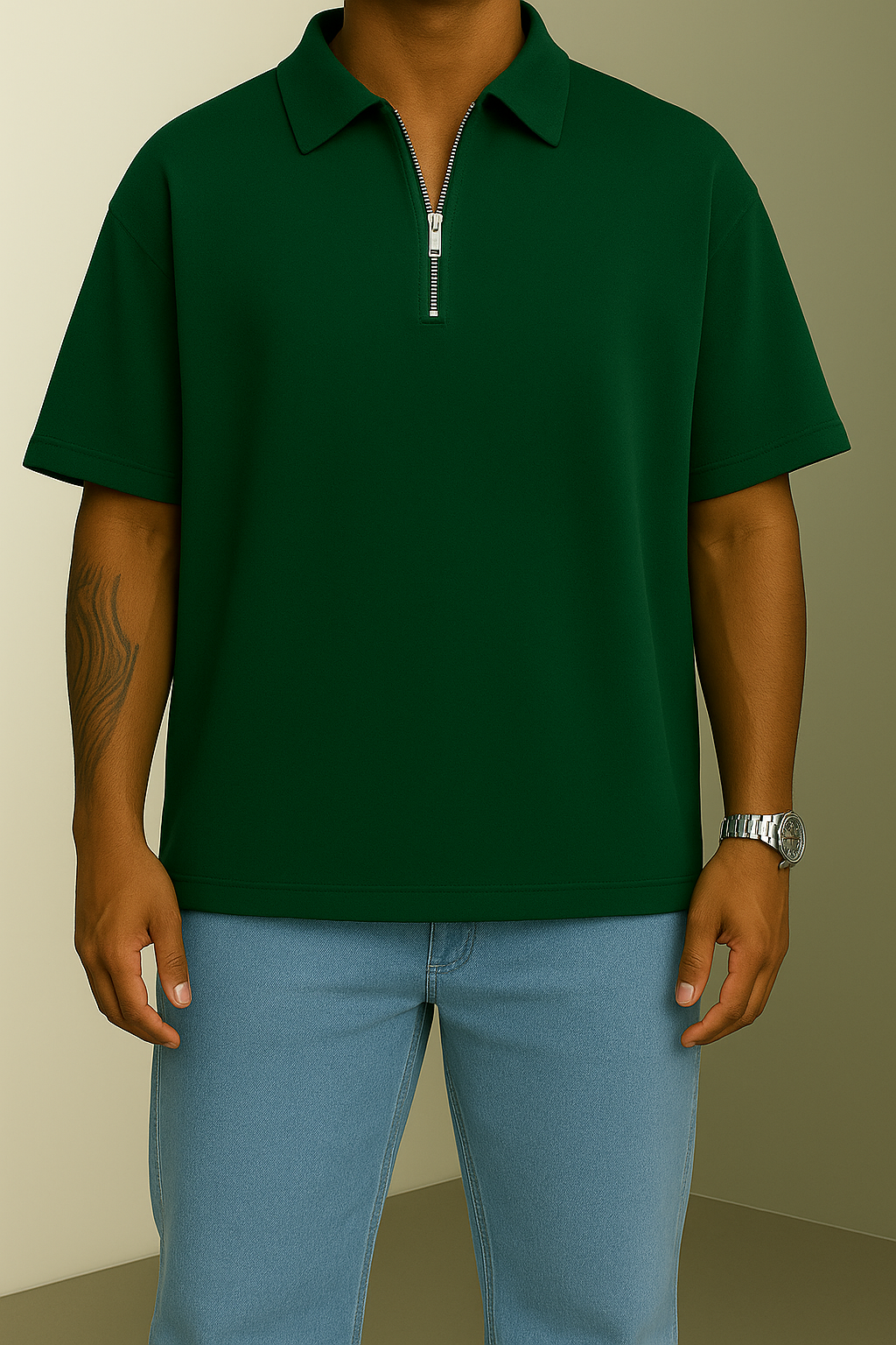 Dark Green Oversized Half-ZiP T-shirt '' Basic ''