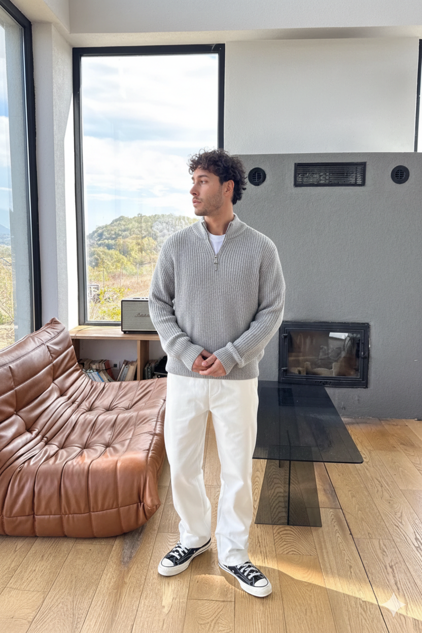 Light Grey Half-Zip Knit Sweater