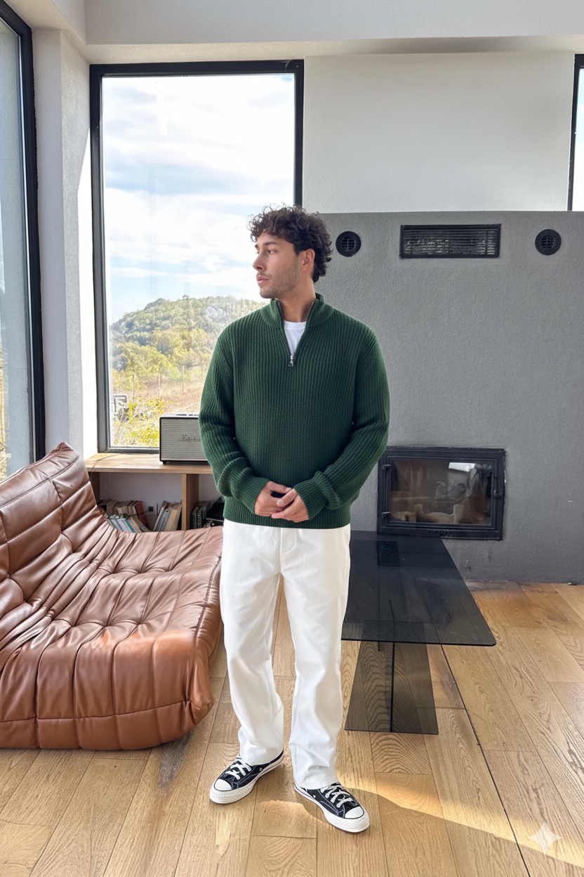 Dark Green Half-Zip Knit Sweater