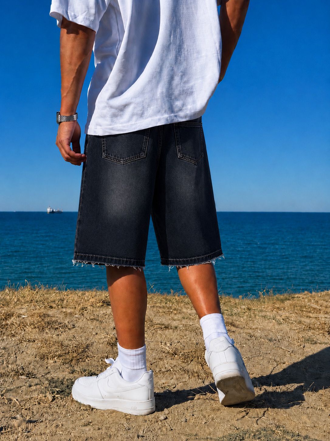 Black Washed Unfinished Denim Short