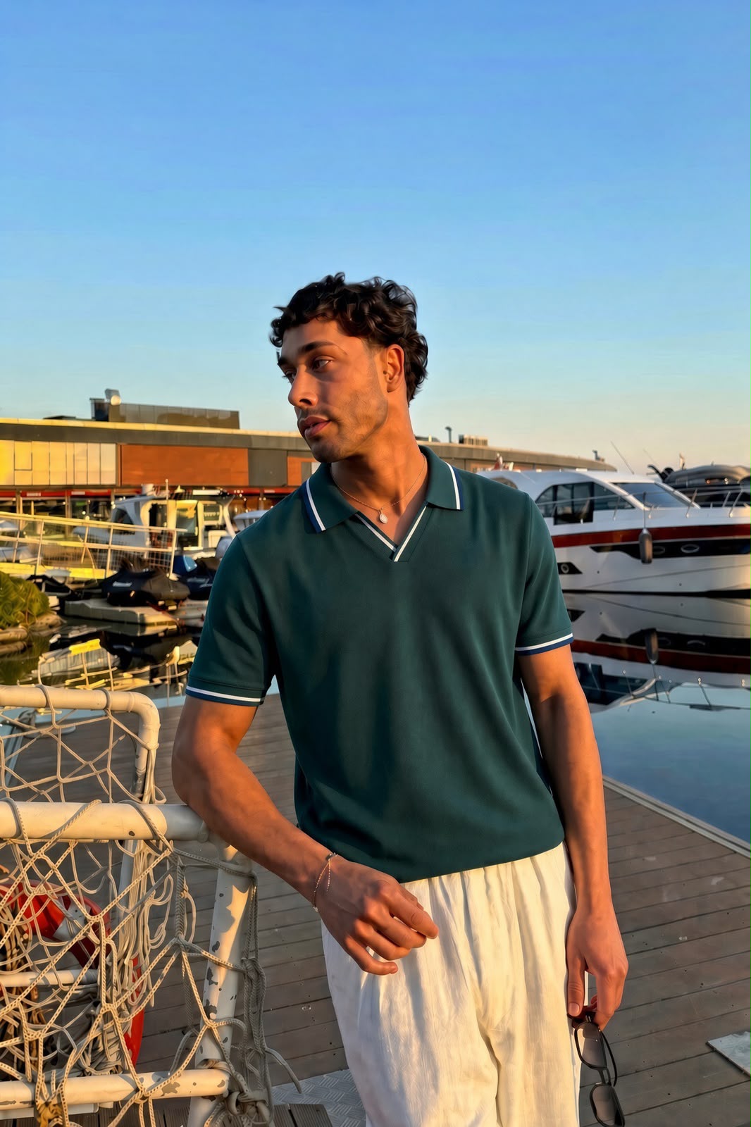 Dark Green Polo basic knitted Stripe Shirt