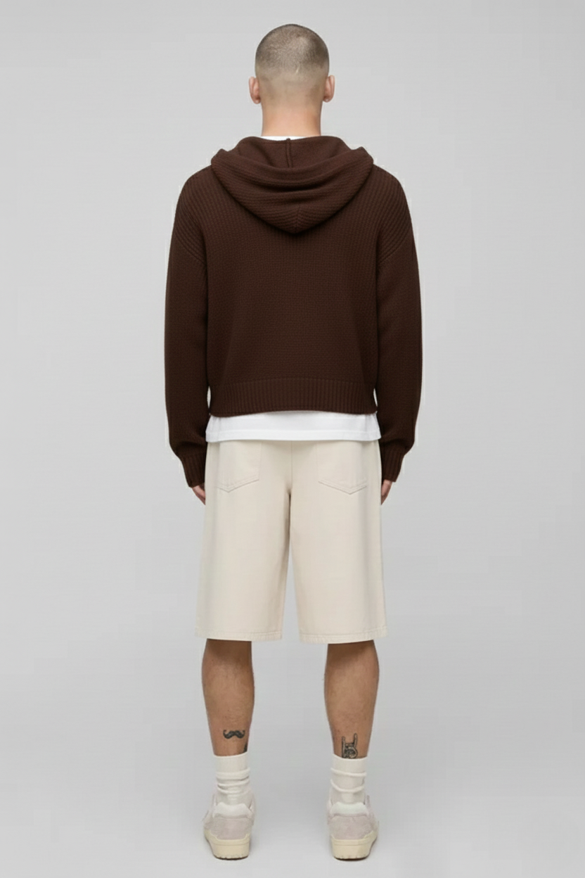 Premium Knitted Zip-Up Hoodie - In Brown