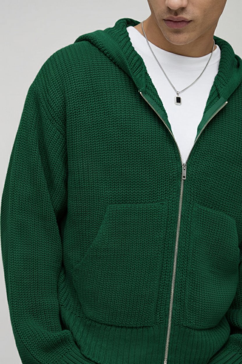 Premium Knitted Zip-Up Hoodie - In Dark Green