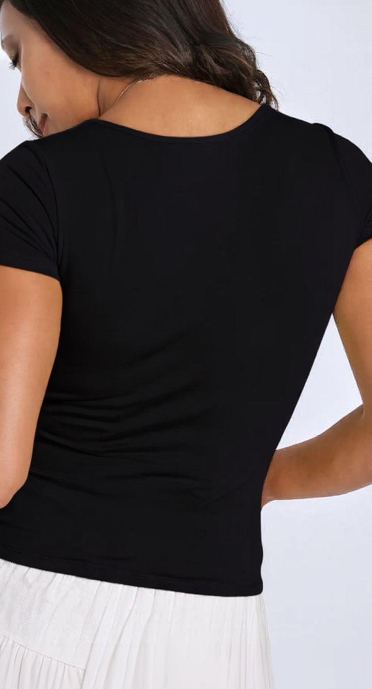 Black U -Shaped Neck Cotton Basic Top – Double Layered |