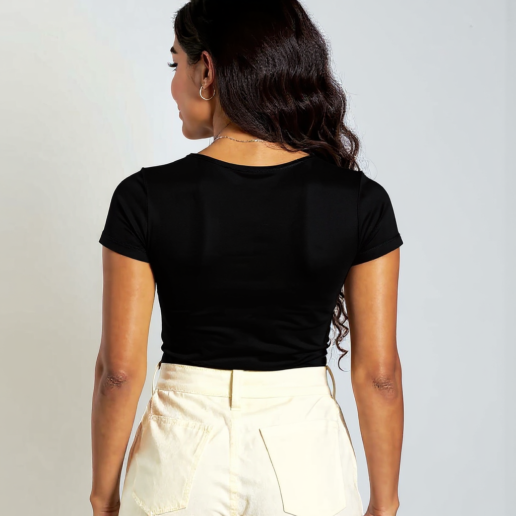 Black Round Neck Cotton Basic Top – Double Layered |