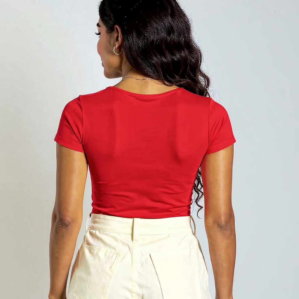 Red Round Neck Cotton Basic Top – Double Layered |
