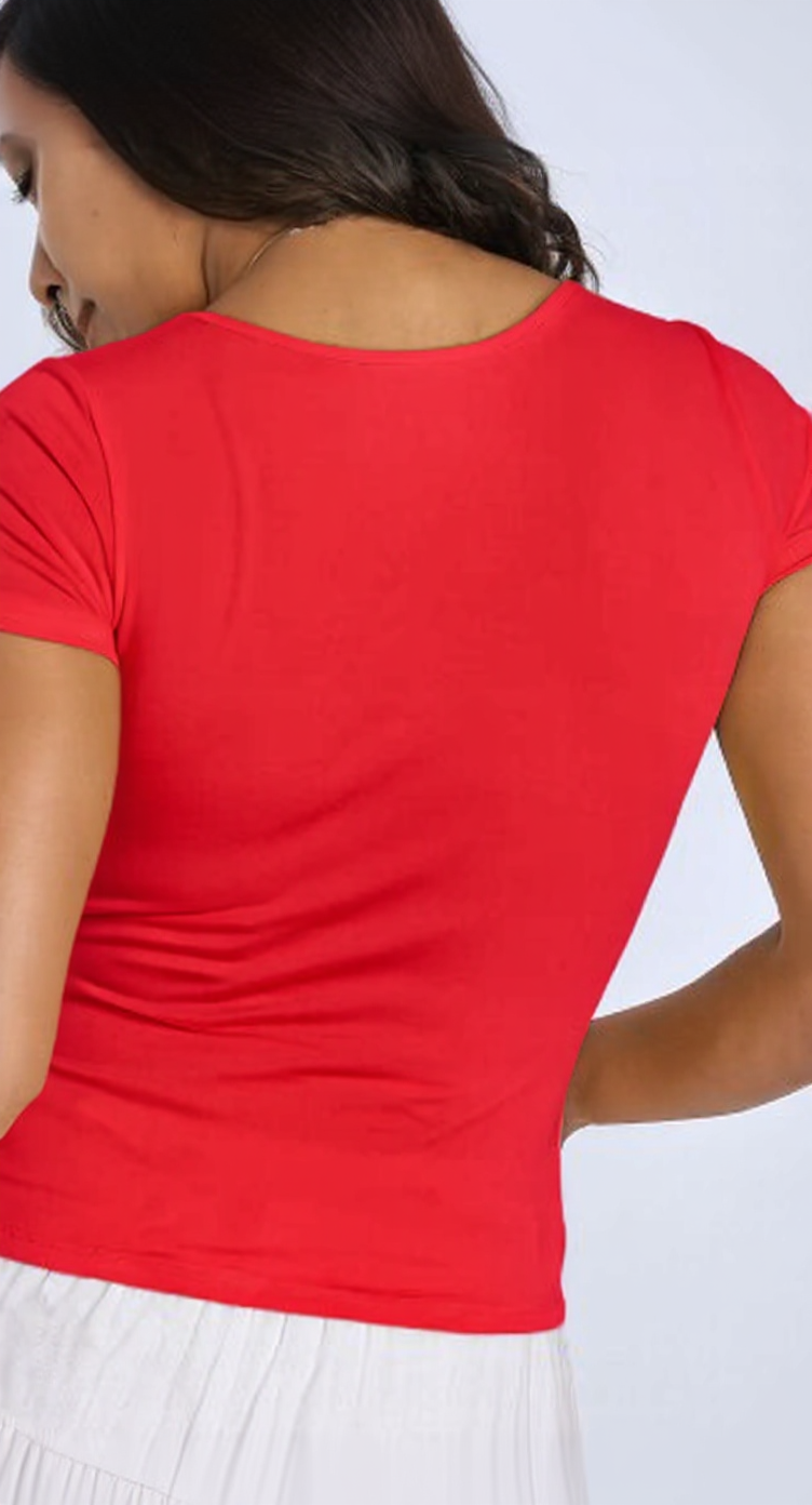 Red U -Shaped Neck Cotton Basic Top – Double Layered |