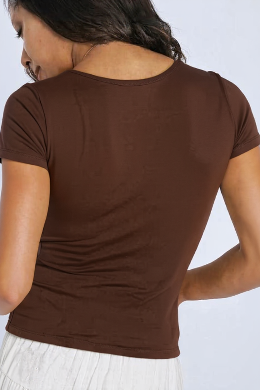 Brown U -Shaped Neck Cotton Basic Top – Double Layered |