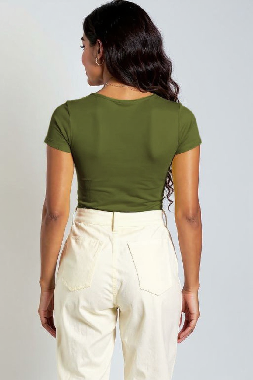 Army Green Round Neck Cotton Basic Top – Double Layered |