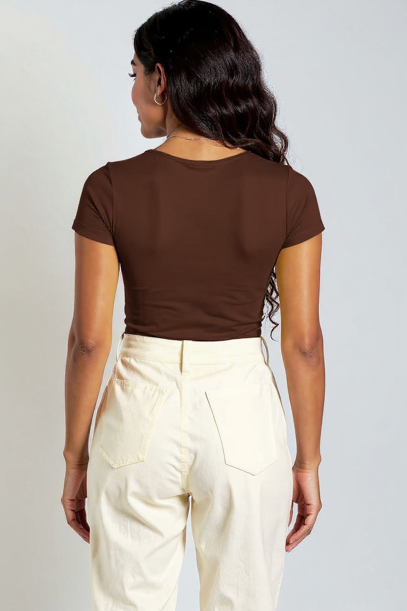Dark Brown Round Neck Cotton Basic Top – Double Layered |