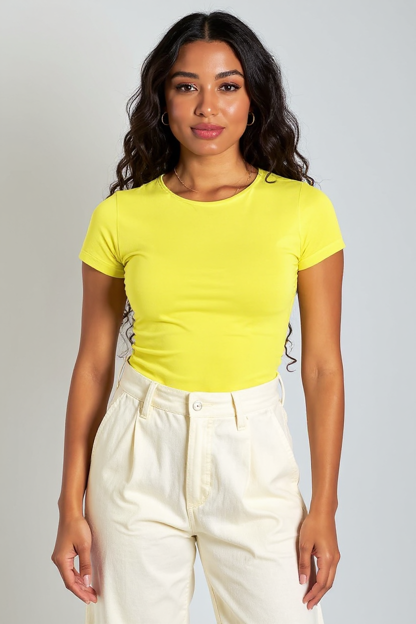 Yellow Round Neck Cotton Basic Top – Double Layered |