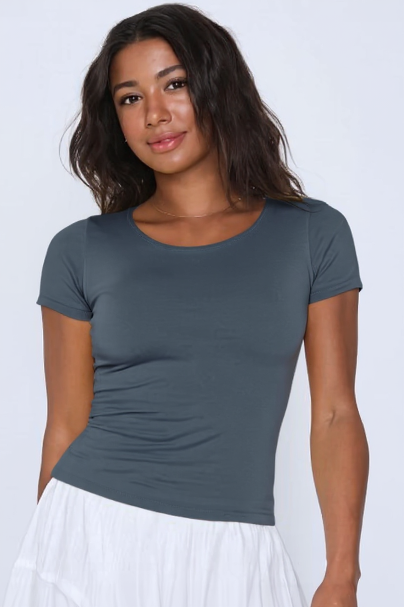 Iron Gray U -Shaped Neck Cotton Basic Top – Double Layered |