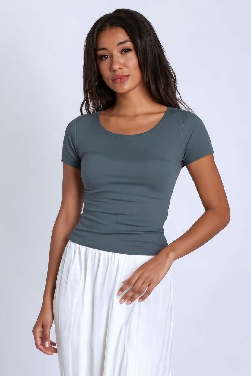Iron Gray U -Shaped Neck Cotton Basic Top – Double Layered |