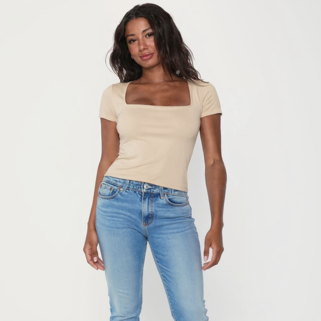 Biege Square Neck Cotton Basic Top – Double Layered |