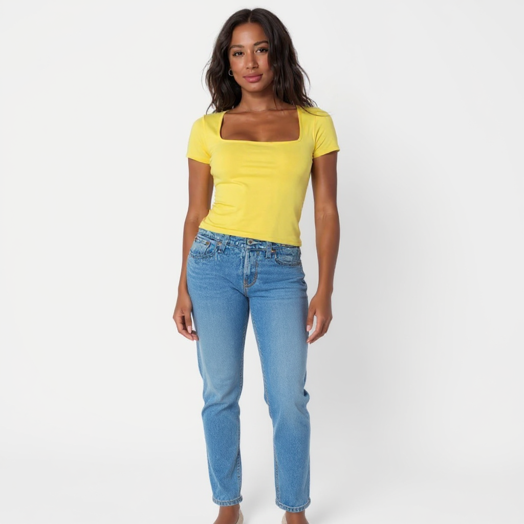 Yellow Square Neck Cotton Basic Top – Double Layered |