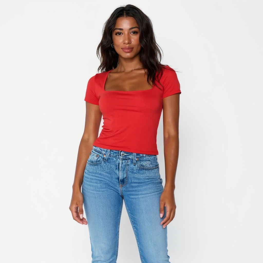 Red Square Neck Cotton Basic Top – Double Layered |