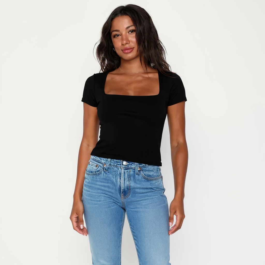 Black Square Neck Cotton Basic Top – Double Layered |