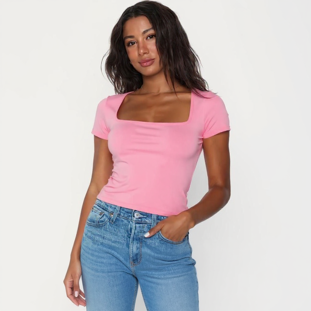 Baby Pink Square Neck Cotton Basic Top – Double Layered |