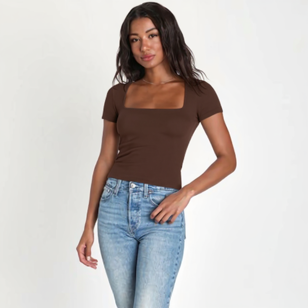 Dark Brown Square Neck Cotton Basic Top – Double Layered |