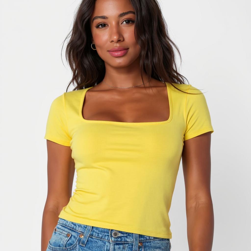 Yellow Square Neck Cotton Basic Top – Double Layered |