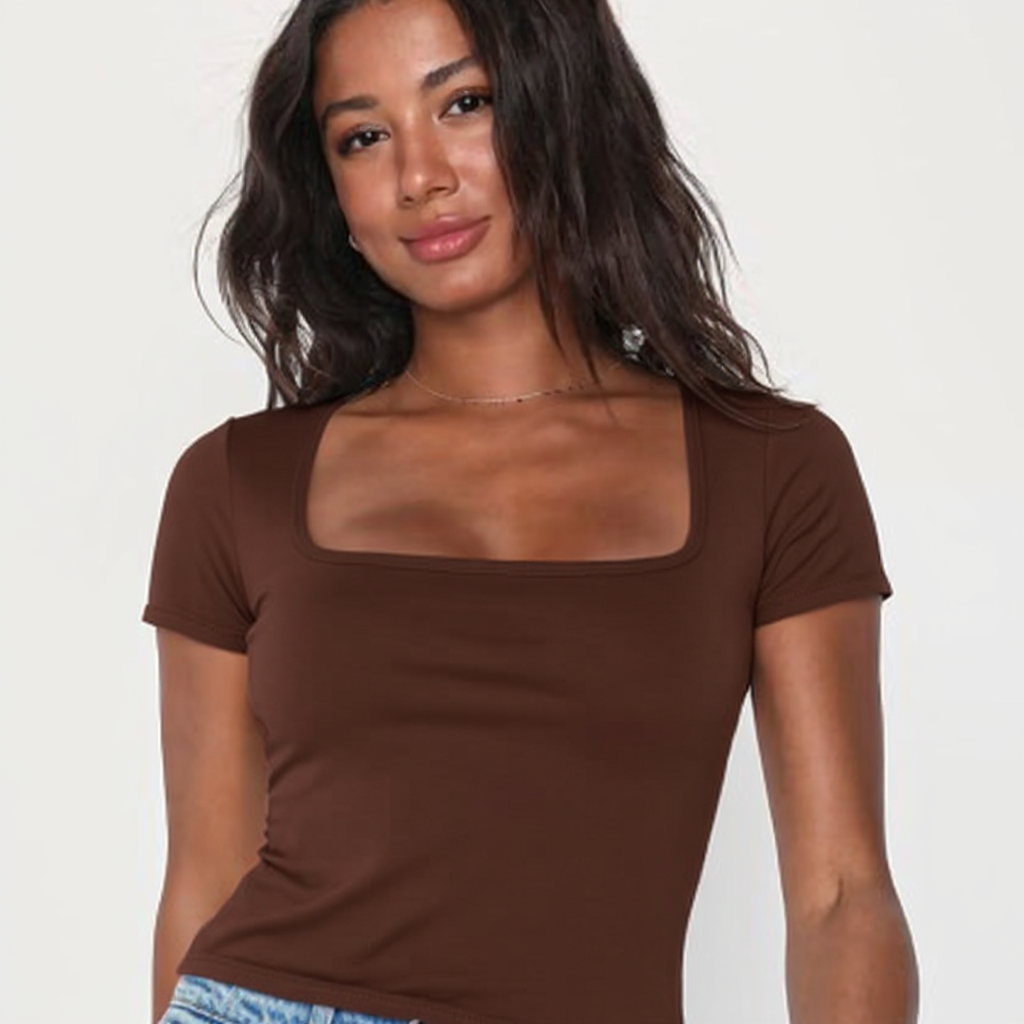 Dark Brown Square Neck Cotton Basic Top – Double Layered |