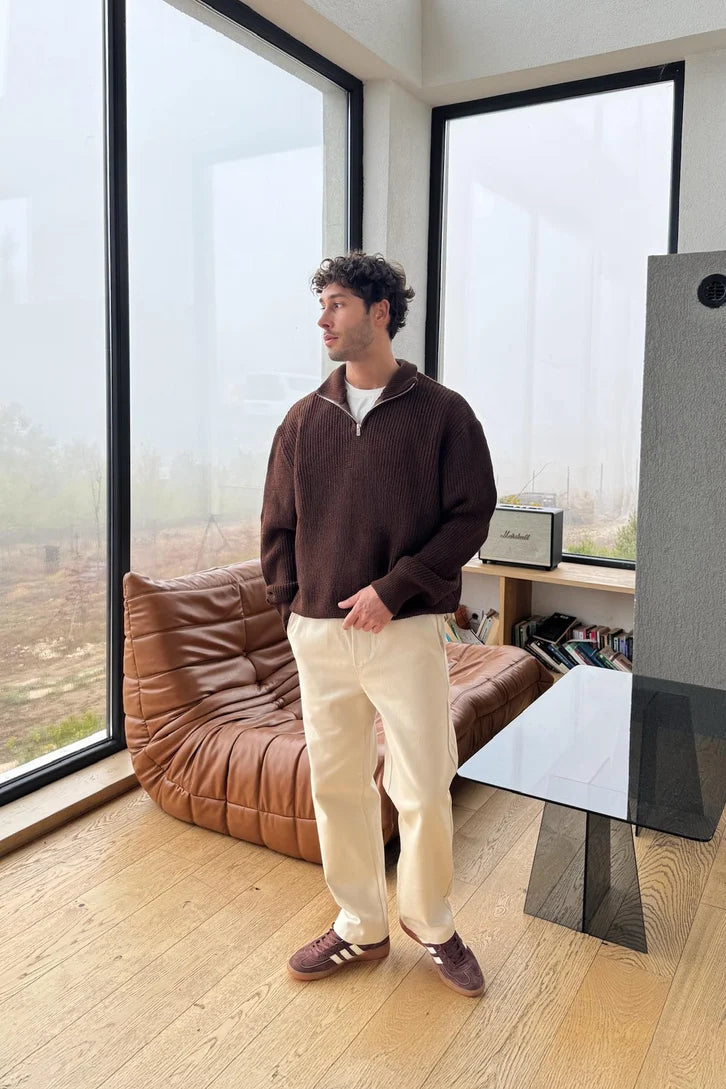 Brown Half-Zip Knit Sweater