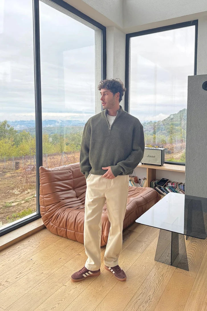 Army Green Half-Zip Knit Sweater