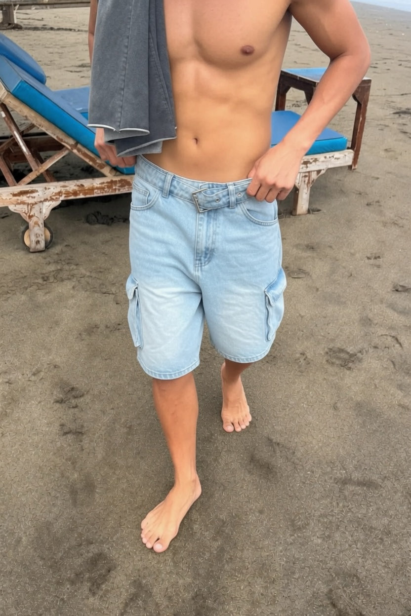 Light Blue Washed Cargo Denim Short