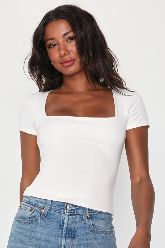 White Square Neck Cotton Basic Top – Double Layered |