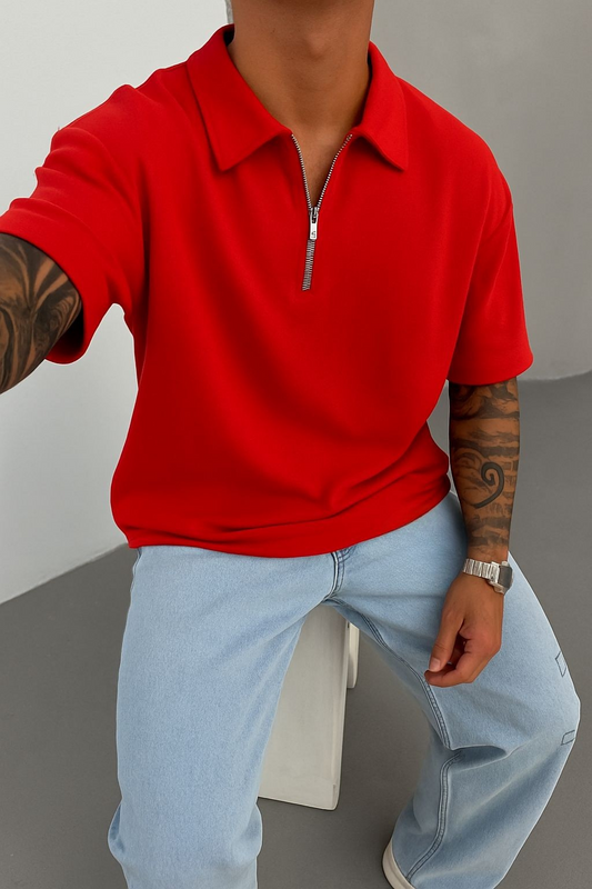 Red Oversized Half-ZiP T-shirt '' Basic ''