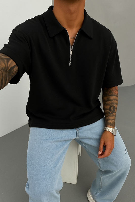 Black Oversized Half-ZiP T-shirt '' Basic ''