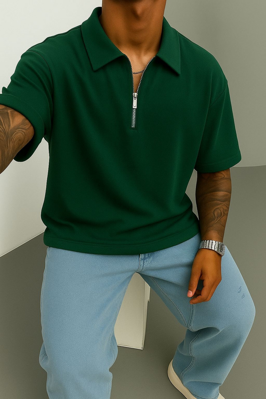 Dark Green Oversized Half-ZiP T-shirt '' Basic ''