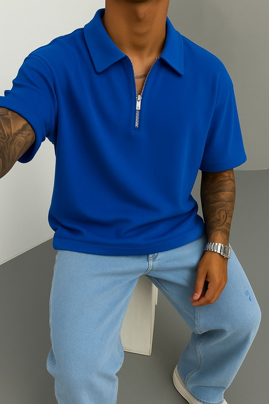 Blue Oversized Half-ZiP T-shirt '' Basic ''