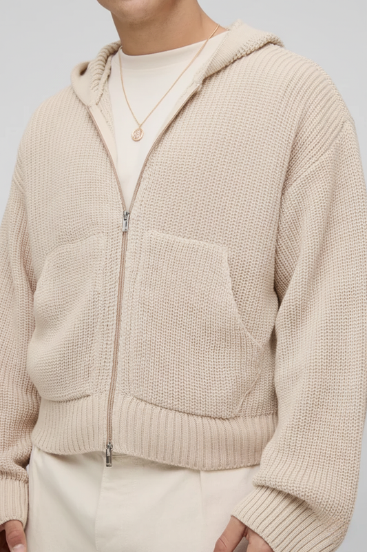 Premium Knitted Zip-Up Hoodie - In Biege