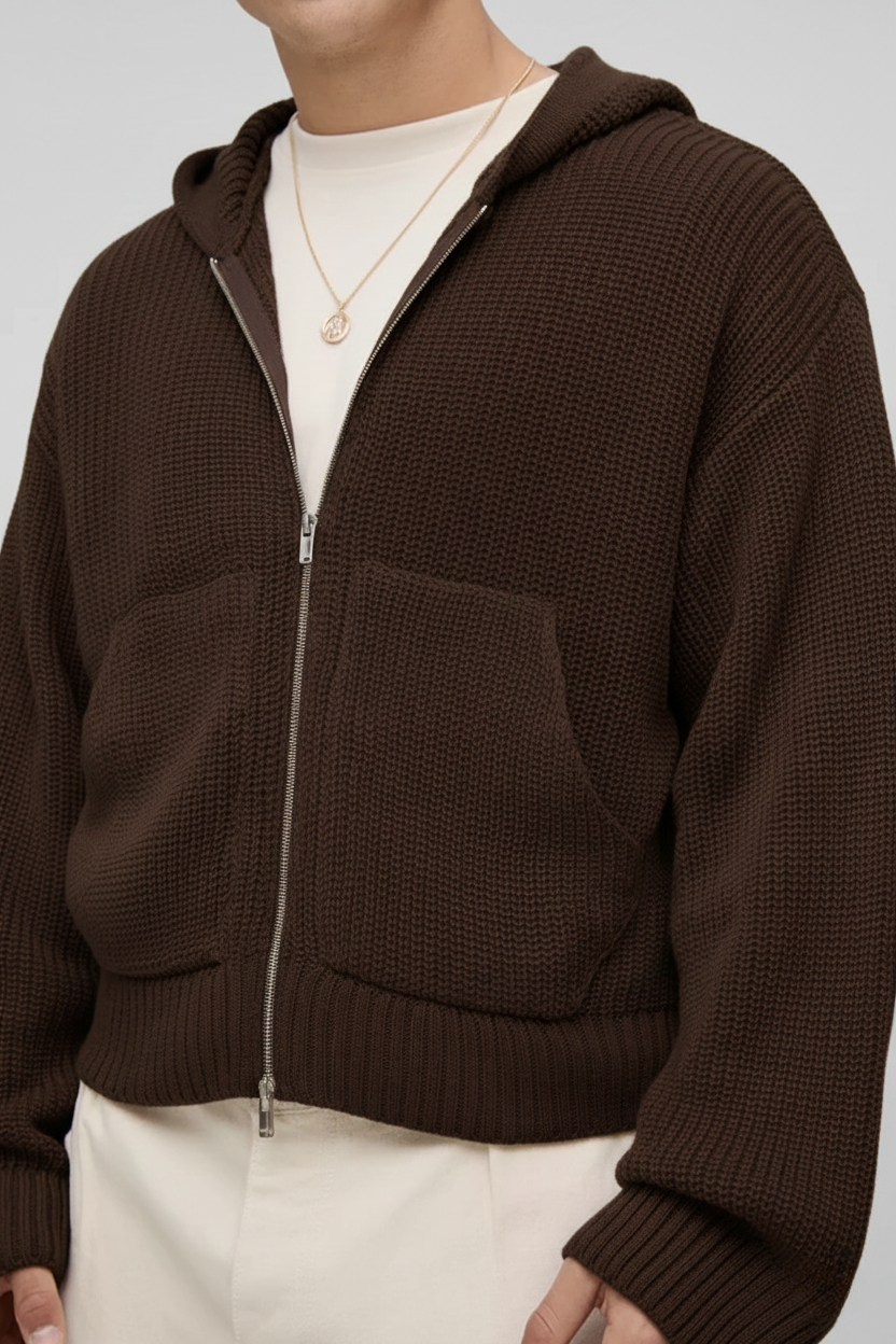 Premium Knitted Zip-Up Hoodie - In Brown