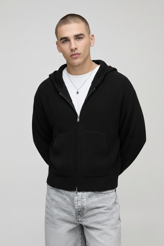 Premium Knitted Zip Up Hoodie - In Black