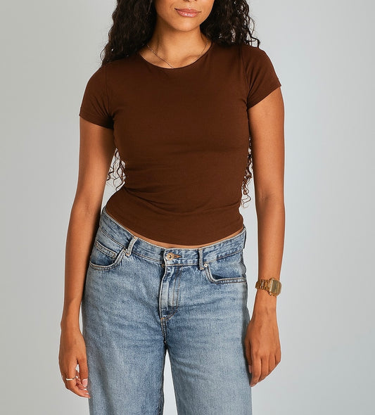 Dark Brown Round Neck Cotton Basic Top – Double Layered |