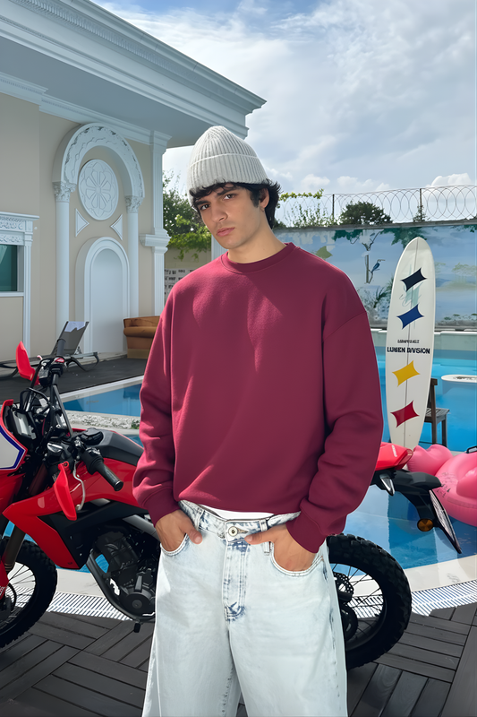 Burgendy Basic Oversized Crew Neck Sweater