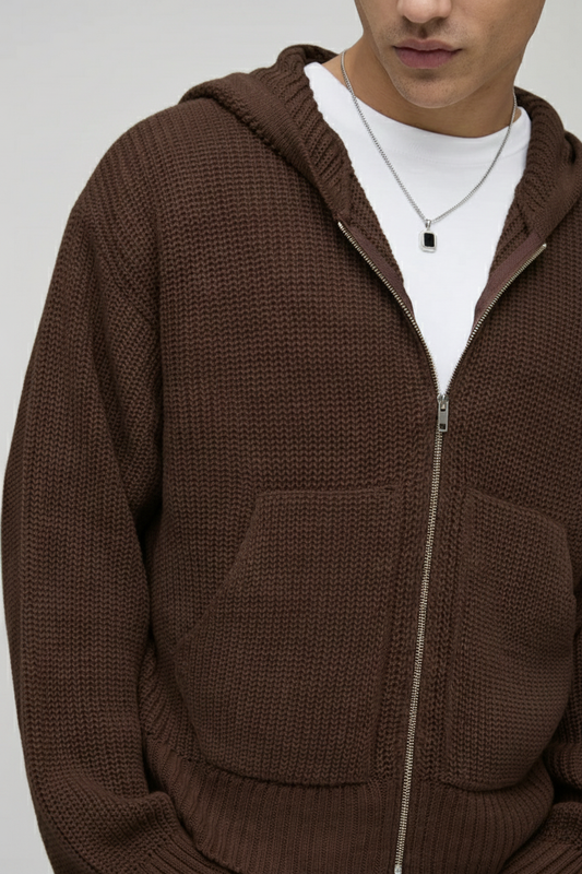 Premium Knitted Zip-Up Hoodie - In Brown