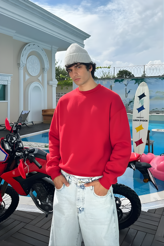 Red Basic Oversized Crew Neck Sweater