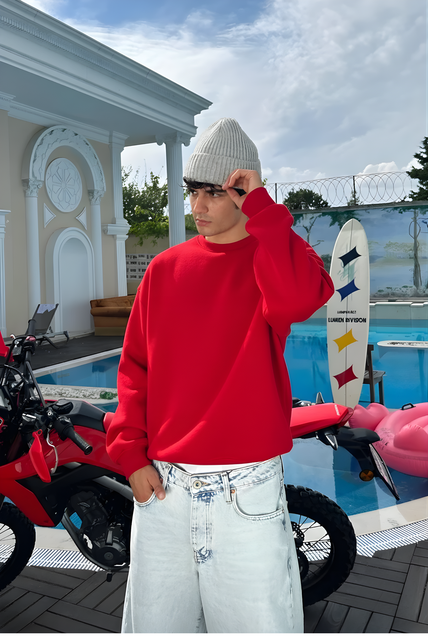 Red Basic Oversized Crew Neck Sweater