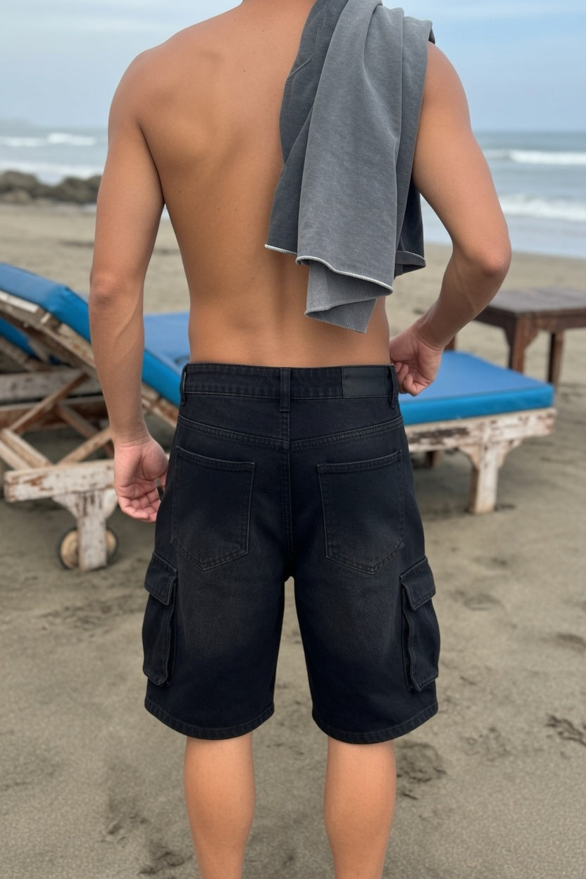 Black Washed Cargo Denim Short