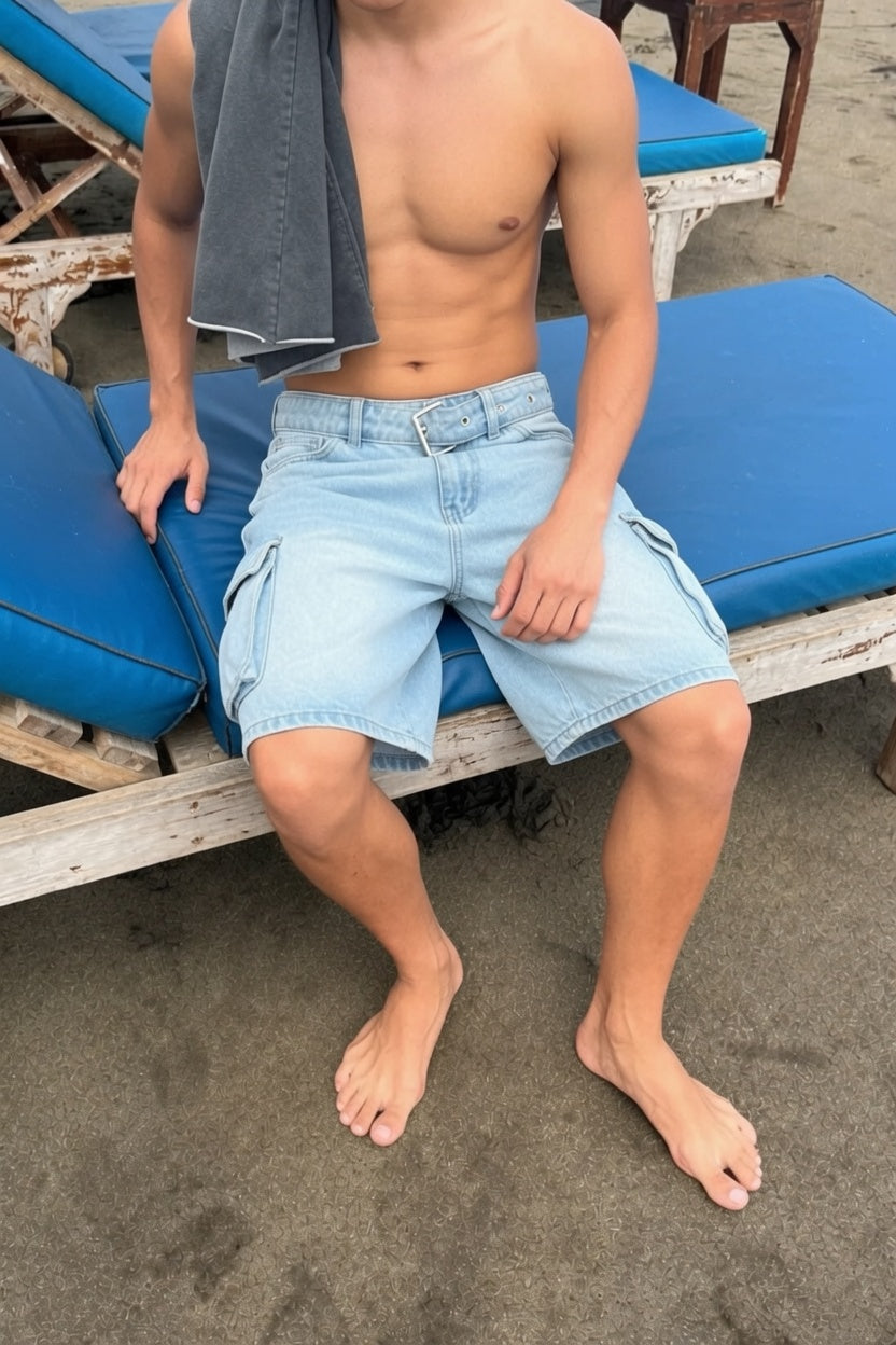 Light Blue Washed Cargo Denim Short