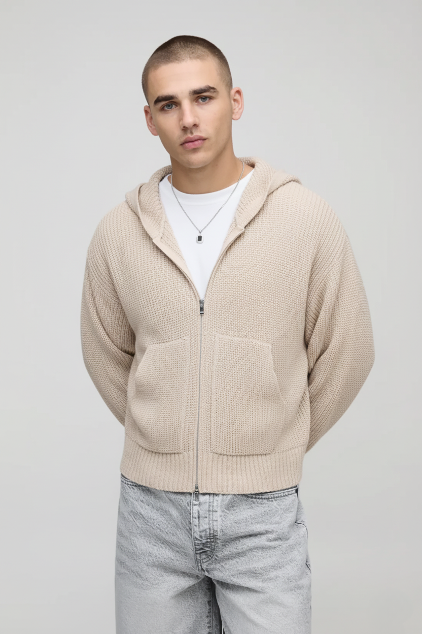 Premium Knitted Zip-Up Hoodie - In Biege