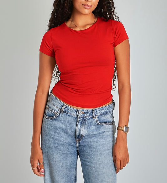 Red Round Neck Cotton Basic Top – Double Layered |