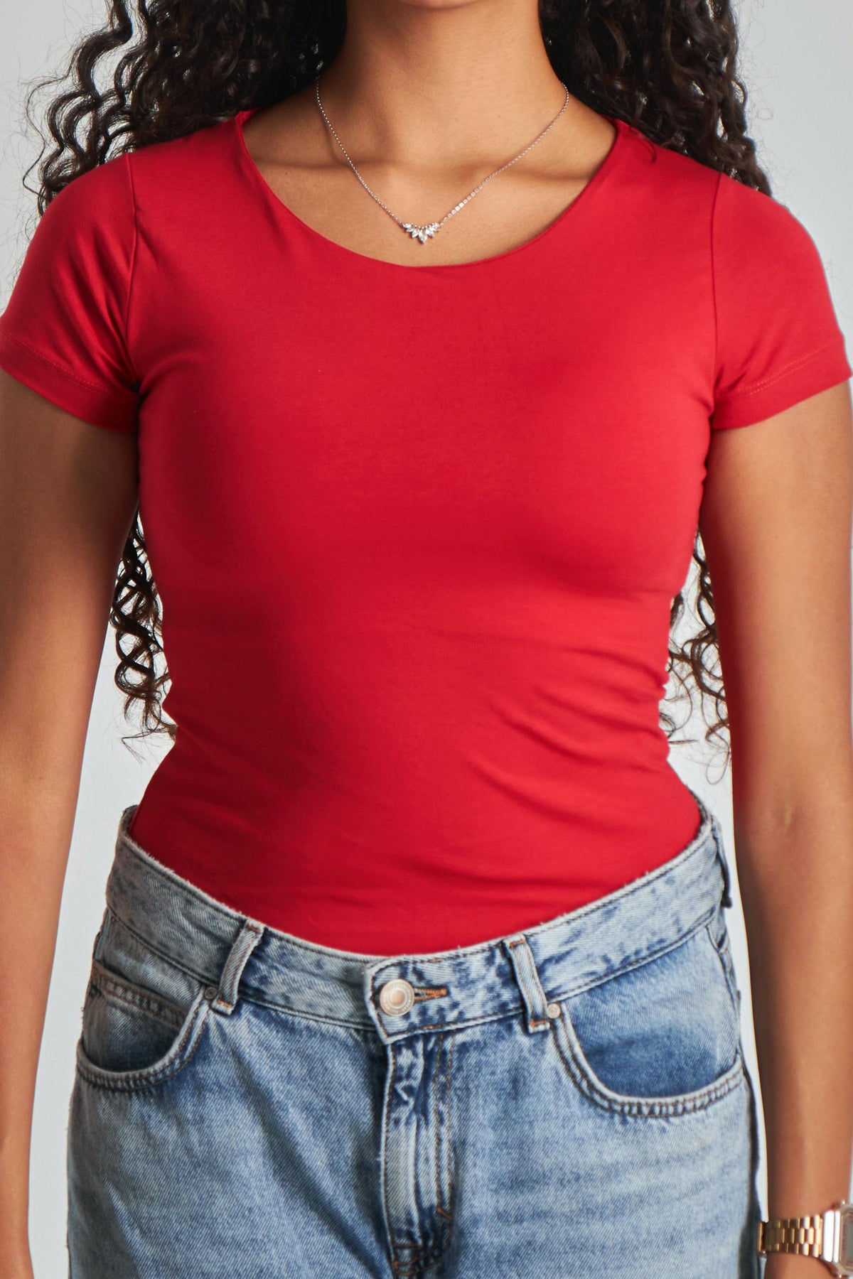 Red U -Shaped Neck Cotton Basic Top – Double Layered |